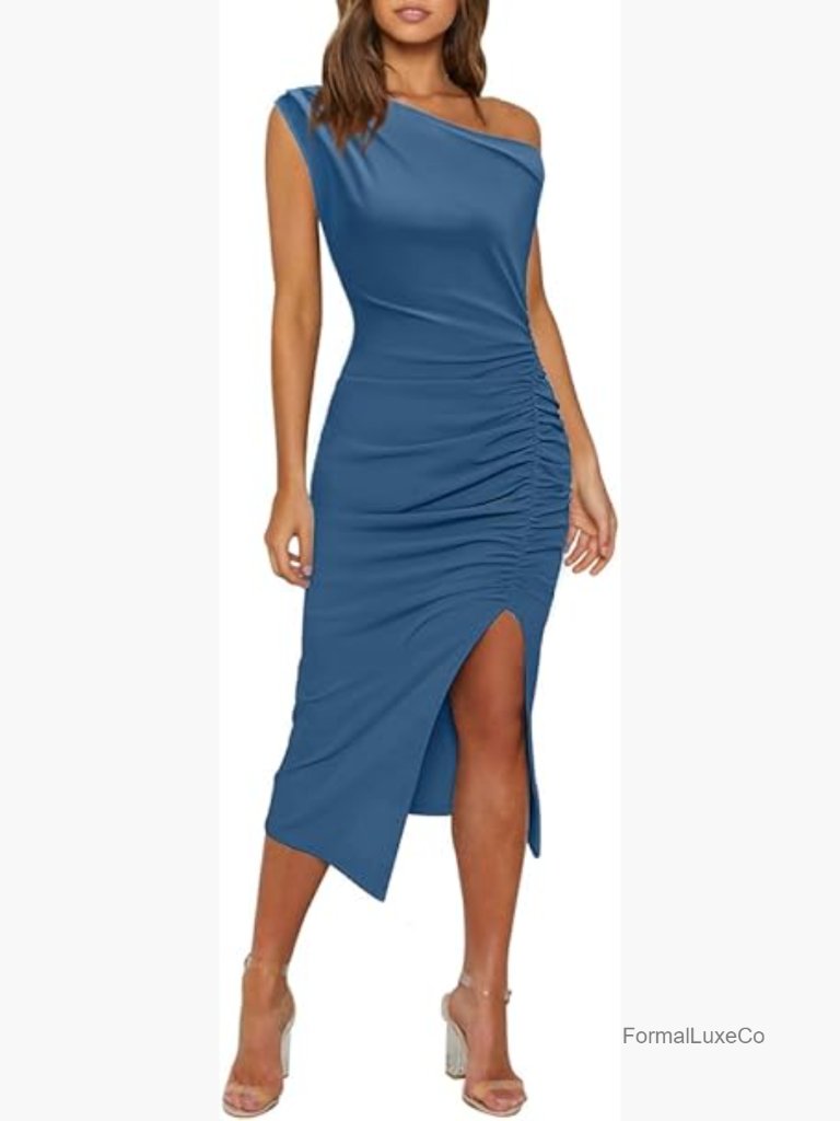 Sleeveless Off Shoulder Side Slit Ruched Bodycon Midi Dress